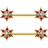 14G 9/16 Red Gem Gold Hue Bright Christmas Barbell Nipple Ring Set