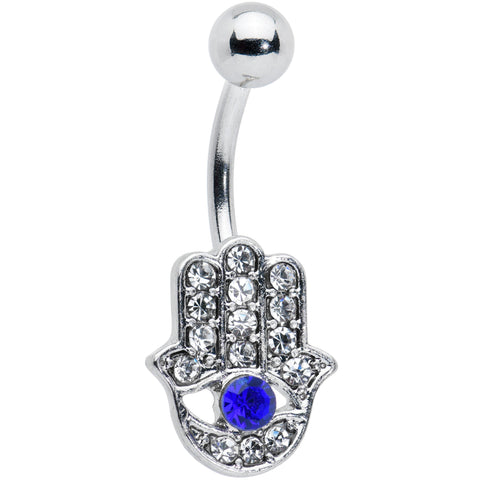 Clear Blue Gem Eye Hamsa Hand Belly Ring