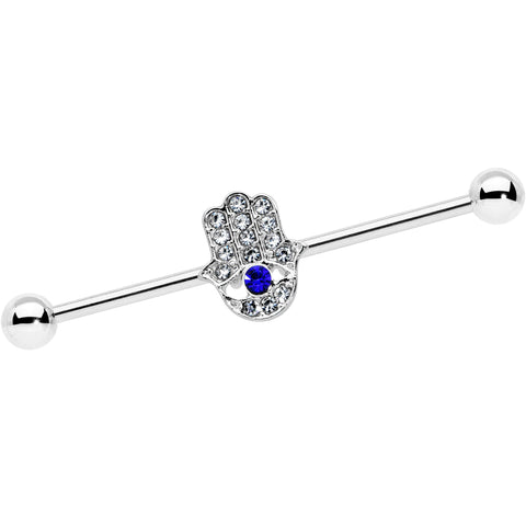 14G Clear Blue Gem Hamsa Hand Eye Industrial Barbell 38mm