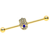 14G Blue Gem Gold Tone Hamsa Hand Eye Industrial Barbell 38mm