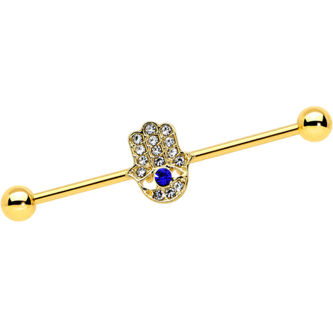 14G Blue Gem Gold Tone Hamsa Hand Eye Industrial Barbell 38mm