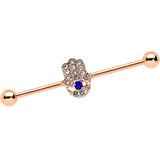 14G Blue Gem Rose Gold Tone Hamsa Hand Eye Industrial Barbell 38mm