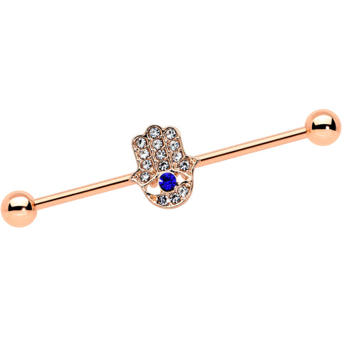 14G Blue Gem Rose Gold Tone Hamsa Hand Eye Industrial Barbell 38mm
