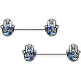 14G 9/16 Clear Blue Gem Textured Hamsa Hand Nipple Ring Set