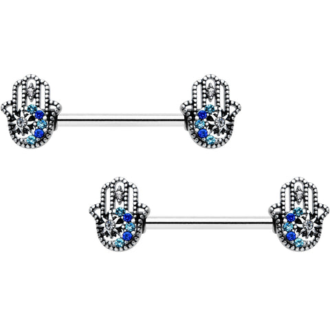 14G 9/16 Clear Blue Gem Textured Hamsa Hand Nipple Ring Set