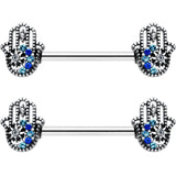 14G 9/16 Clear Blue Gem Textured Hamsa Hand Nipple Ring Set