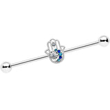 14G Clear Blue Gem Textured Hamsa Hand Industrial Barbell 38mm