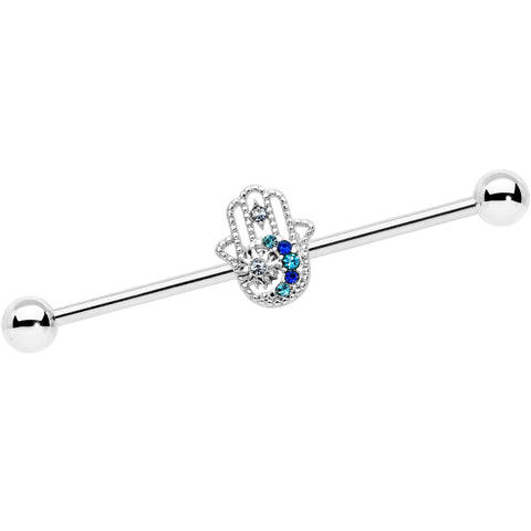 14G Clear Blue Gem Textured Hamsa Hand Industrial Barbell 38mm