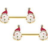 14G 1/2 Clear Gem Gold Tone Decorated Santa Barbell Nipple Ring Set