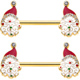 14G 1/2 Clear Gem Gold Tone Decorated Santa Barbell Nipple Ring Set