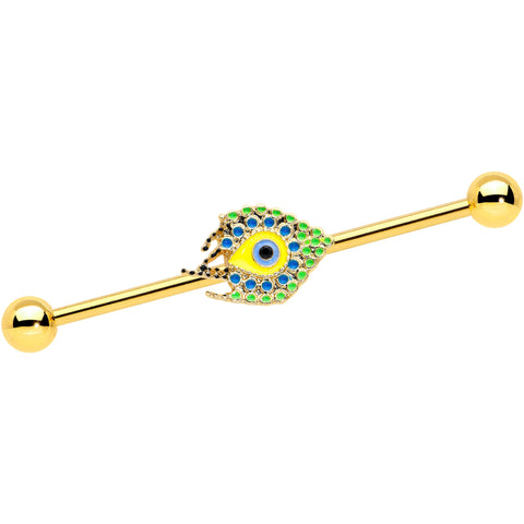 14G Gold Tone Bold Peacock Feather Industrial Barbell 38mm