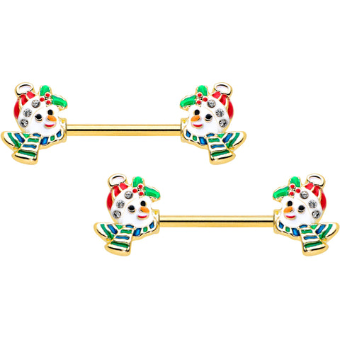 14G 9/16 Clear Gem Gold Tone Snowman Christmas Nipple Ring Set