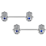 14G 9/16 Clear Blue Gem Eye Hamsa Hand Barbell Nipple Ring Set