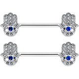 14G 9/16 Clear Blue Gem Eye Hamsa Hand Barbell Nipple Ring Set
