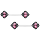 14G 9/16 Pink Gem Rhombus Retro Barbell Nipple Ring Set