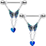 14G 9/16 Blue Gem Heart Colorful Butterfly Dangle Nipple Ring Set