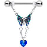 14G 9/16 Blue Gem Heart Colorful Butterfly Dangle Nipple Ring Set