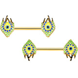 14G 9/16 Gold Tone Bold Peacock Feather Barbell Nipple Ring Set