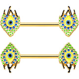 14G 9/16 Gold Tone Bold Peacock Feather Barbell Nipple Ring Set