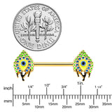 14G 9/16 Gold Tone Bold Peacock Feather Barbell Nipple Ring Set