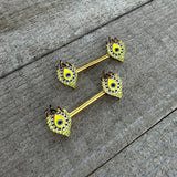 14G 9/16 Gold Tone Bold Peacock Feather Barbell Nipple Ring Set