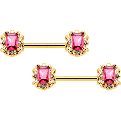 14G 9/16 Red Gem Gold Hue Regal Escutcheon Barbell Nipple Ring Set