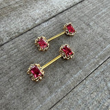 14G 9/16 Red Gem Gold Hue Regal Escutcheon Barbell Nipple Ring Set