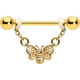 14G 5/8 Clear Gem Gold Tone Chain Dangle Barbell Nipple Ring Set