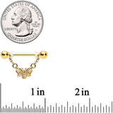 14G 5/8 Clear Gem Gold Tone Chain Dangle Barbell Nipple Ring Set