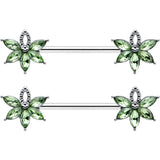14G 9/16 Green Gem Texture Loopy Pot Leaf Barbell Nipple Ring Set