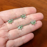 14G 9/16 Green Gem Texture Loopy Pot Leaf Barbell Nipple Ring Set