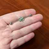 14G Aurora Green Gem Pot Leaf Industrial Barbell 38mm
