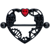 14G 7/8 Red Gem Black Skeleton Steampunk Heart Nipple Shield Set