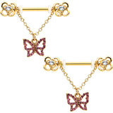 14G 5/8 Pink Gem Gold Hue Simple Butterfly Dangle Nipple Ring Set