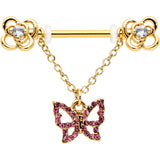 14G 5/8 Pink Gem Gold Hue Simple Butterfly Dangle Nipple Ring Set