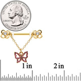 14G 5/8 Pink Gem Gold Hue Simple Butterfly Dangle Nipple Ring Set