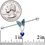 14G Blue Gem Heart Butterfly Dangle Industrial Barbell 38mm
