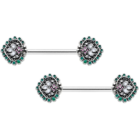 14G 9/16 Stylized Pink Green Leaf Barbell Nipple Ring Set