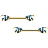 14G 9/16 Gold Tone Blue Stripe Adorable Angelfish Nipple Ring Set