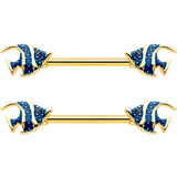 14G 9/16 Gold Tone Blue Stripe Adorable Angelfish Nipple Ring Set