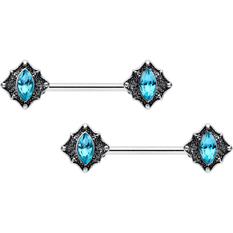 14G 9/16 Blue Gem Rhombus Retro Barbell Nipple Ring Set