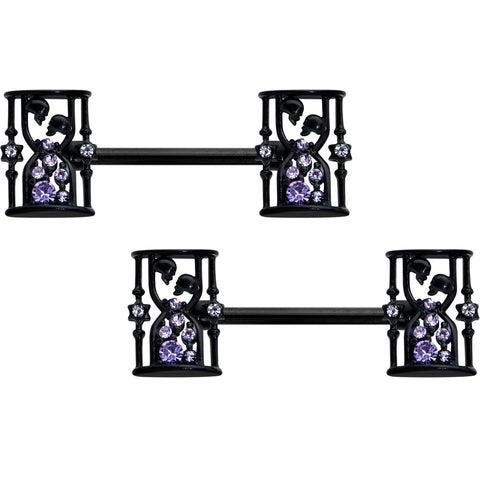 14G 9/16 Clear Purple Gem Black Gothic Hourglass Nipple Ring Set