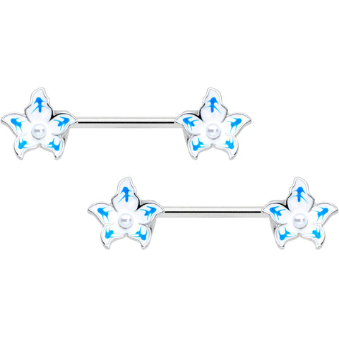 14G 9/16 Pearlescent Orb Flower Blue Barbell Nipple Ring Set