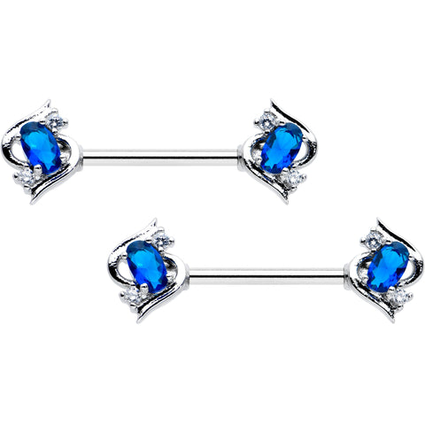 14G 9/16 Clear Blue Gem Oval Swirl Barbell Nipple Ring Set