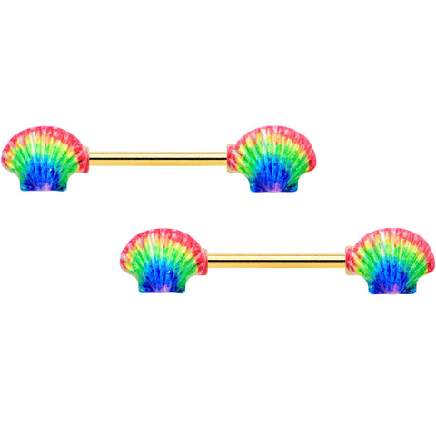 14G 5/8 Gold Tone Rainbow Scallop Shells Barbell Nipple Ring Set