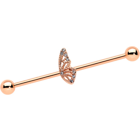 14G Clear Gem Rose Gold Tone Texture Wing Industrial Barbell 38mm