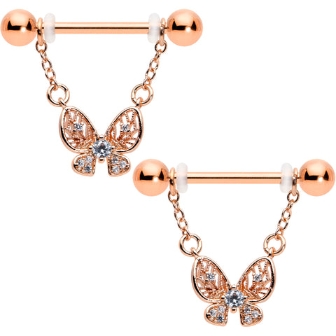 14G 5/8 Clear Gem Rosy Tone Airy Butterfly Dangle Nipple Ring Set