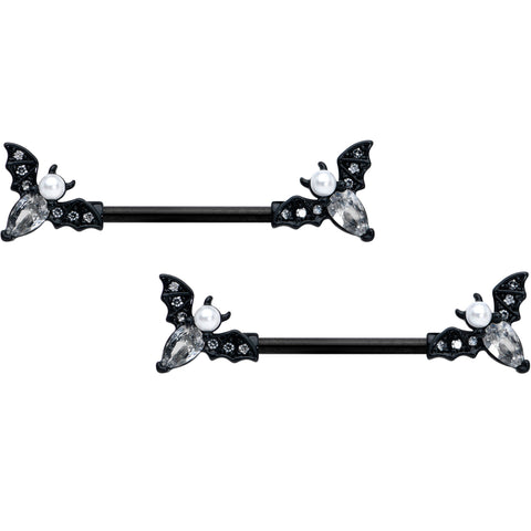 14G 5/8 Clear Gem Black Flying Bats Halloween Nipple Ring Set