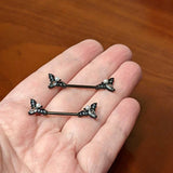 14G 5/8 Clear Gem Black Flying Bats Halloween Nipple Ring Set