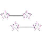 14G 9/16 Pearlescent Orb Pink White Flower Barbell Nipple Ring Set